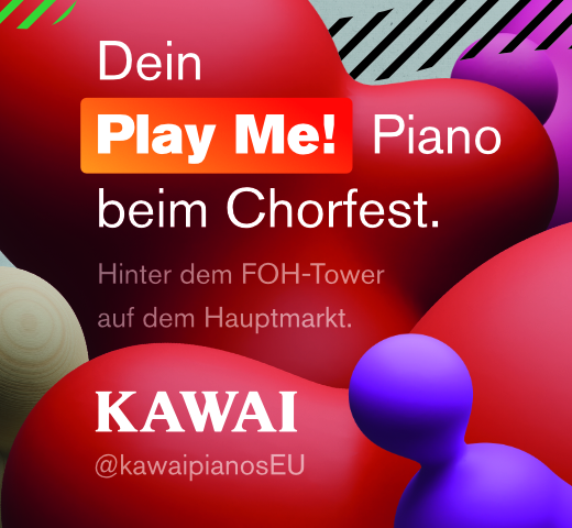 Anzeige von Kawai mit buntem Hintergrund. Der Text lädt ein, die Kawai Pianos beim Chorfest zu testen