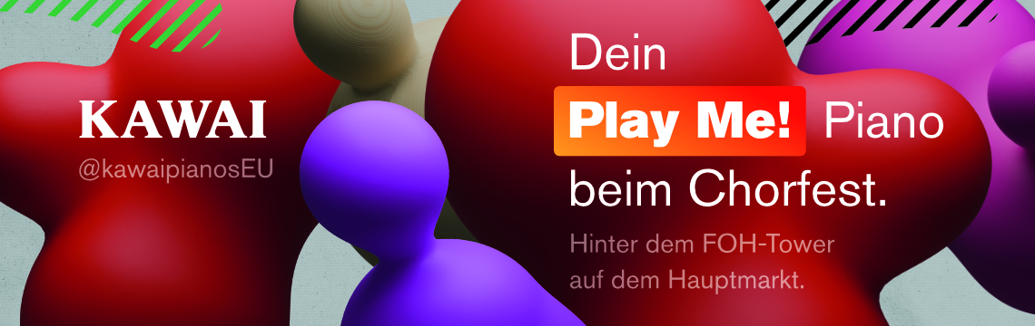Anzeige von Kawai mit buntem Hintergrund. Der Text lädt ein, die Kawai Pianos beim Chorfest zu testen